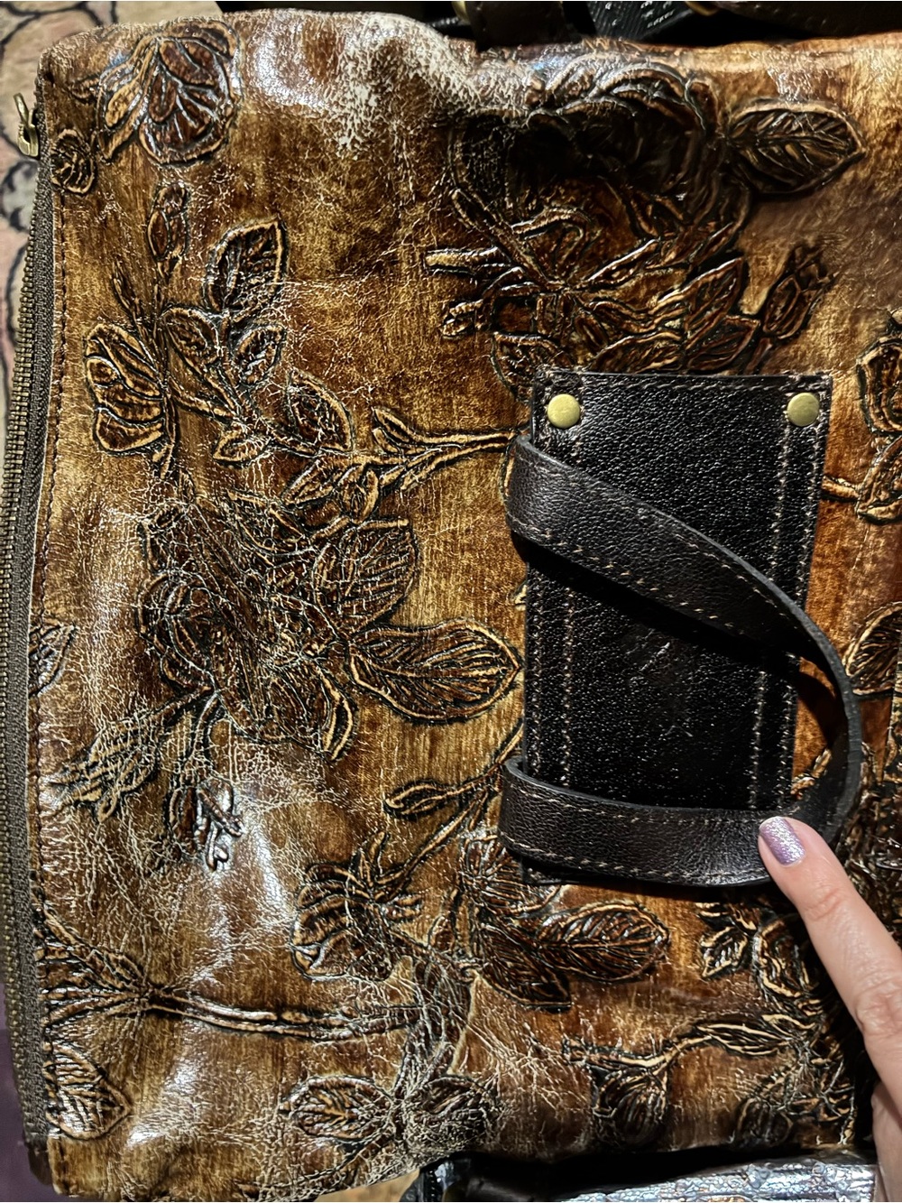 Patricia Nash Brown Embossed Floral Leather Convertible Backpack - Picture 14 of 14